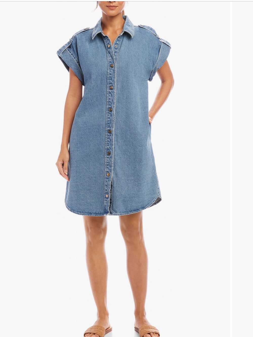 Karen Kane Cap Sleeve Denim Shirt Dress Blue Snap Front 100% Cotton Size S
